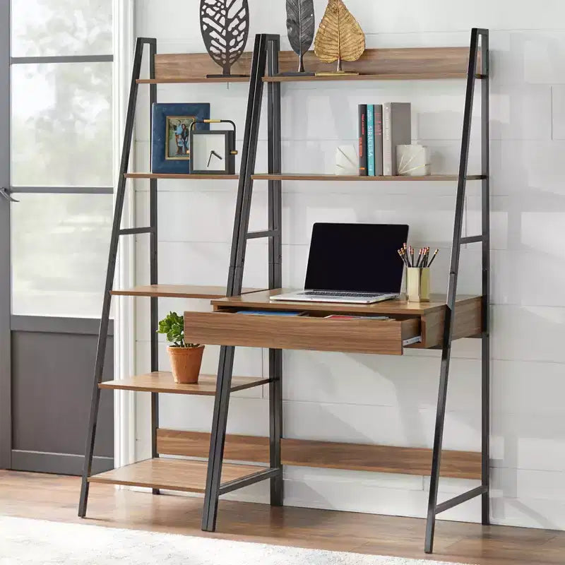 Scrivania e mensola a scala Denton da 2 pz Noce/Nero: Scrivania con mensola a muro e spazio aperto, MDF e struttura in metallo