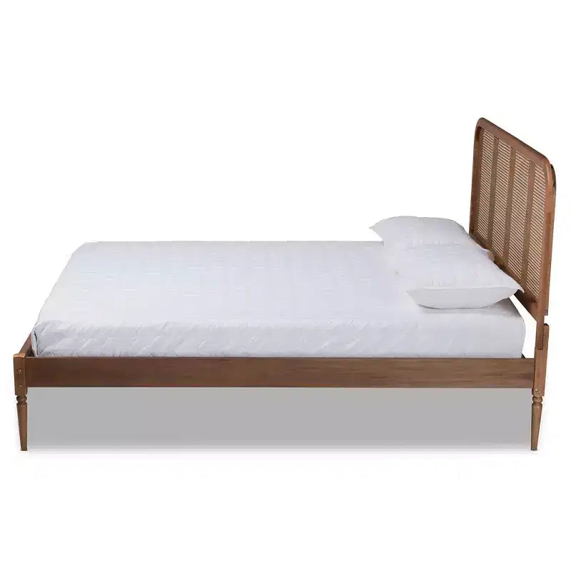 Letto King Elston in Rattan Sintetico e Legno Marrone/Noce Cenere - Design Mid-Century, Gambe Tornite