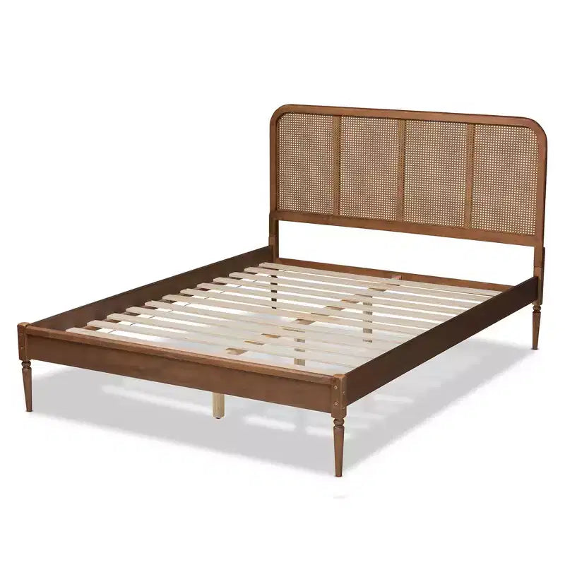 Letto King Elston in Rattan Sintetico e Legno Marrone/Noce Cenere - Design Mid-Century, Gambe Tornite