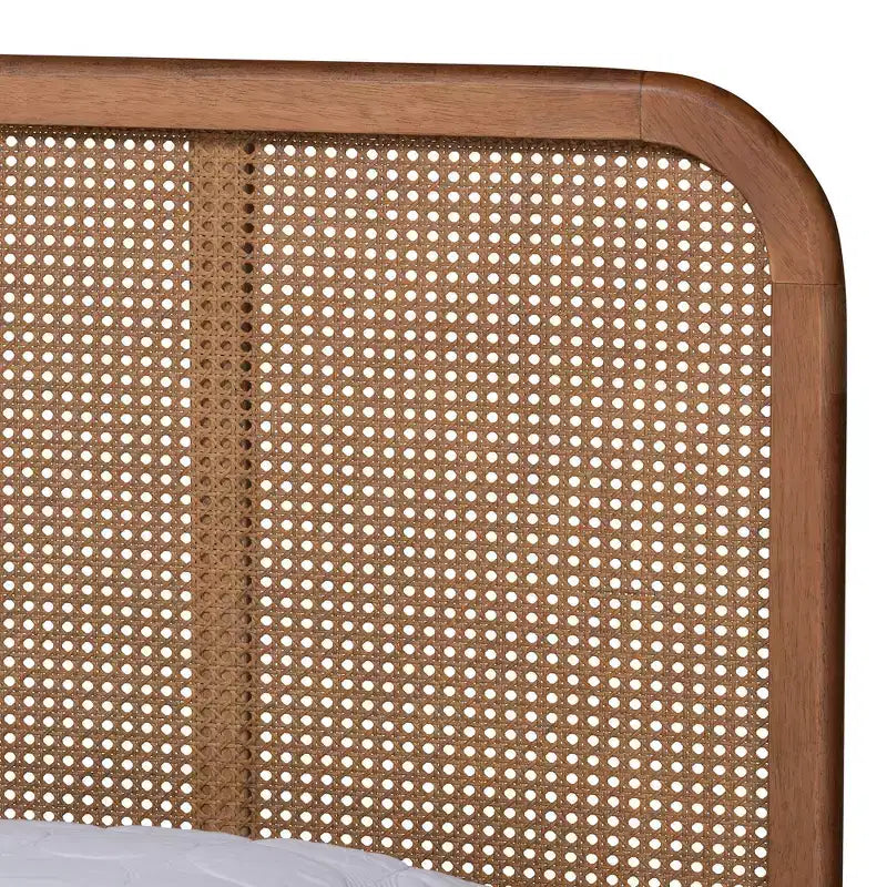 Letto King Elston in Rattan Sintetico e Legno Marrone/Noce Cenere - Design Mid-Century, Gambe Tornite