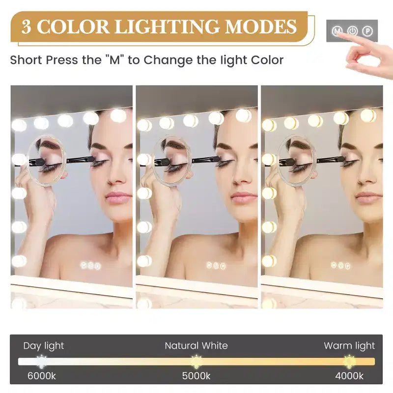 Specchio da trucco con luci - 15/17 lampadine LED, 3 modalità di colore, ricarica USB e Type-C, specchio cosmetico con controllo touch e specchio ingranditore 3X