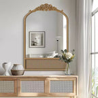 Dovelina Arch Wood Frame Carving Decorative Wall Mirror Bottom with Rattan Hanging Mirror