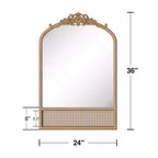 Specchio a Muro Decorativo in Legno Intagliato a Arco con Cornice Inferiore e Specchio Pensile in Rattan
