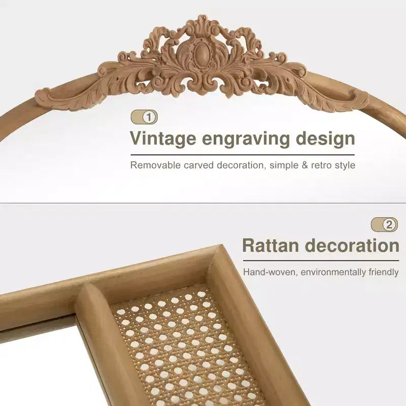 Specchio a Muro Decorativo in Legno Intagliato a Arco con Cornice Inferiore e Specchio Pensile in Rattan