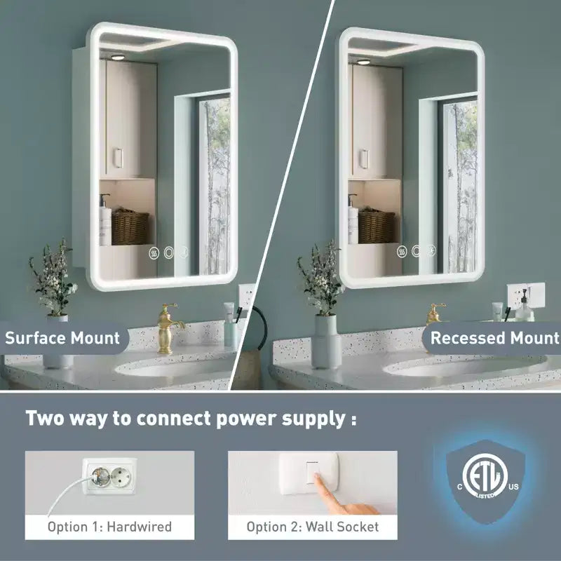 Mobiletto a specchio da bagno illuminato a LED, da incasso o da parete, anti-appannamento, dimmerabile, 3 modalità di illuminazione, funzione memoria