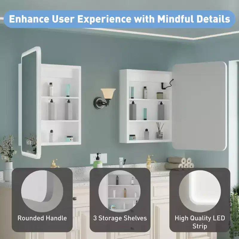 Mobiletto a specchio da bagno illuminato a LED, da incasso o da parete, anti-appannamento, dimmerabile, 3 modalità di illuminazione, funzione memoria