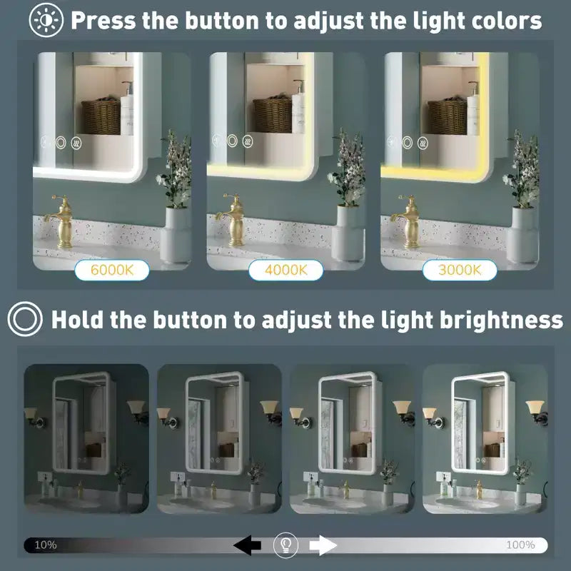 Mobiletto a specchio da bagno illuminato a LED, da incasso o da parete, anti-appannamento, dimmerabile, 3 modalità di illuminazione, funzione memoria
