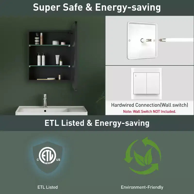 Mobiletto a specchio da bagno illuminato a LED, da incasso o da parete, anti-appannamento, dimmerabile, 3 modalità di illuminazione, funzione memoria