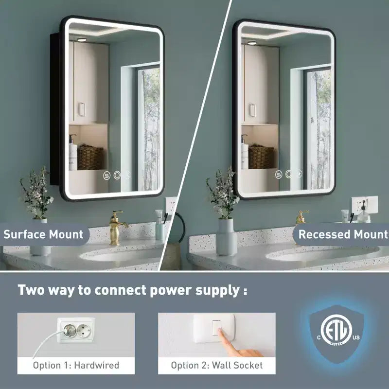 Mobiletto a specchio da bagno illuminato a LED, da incasso o da parete, anti-appannamento, dimmerabile, 3 modalità di illuminazione, funzione memoria