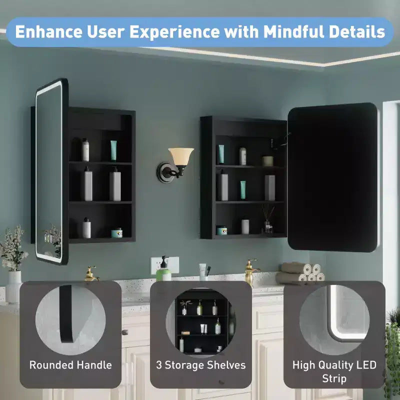Mobiletto a specchio da bagno illuminato a LED, da incasso o da parete, anti-appannamento, dimmerabile, 3 modalità di illuminazione, funzione memoria