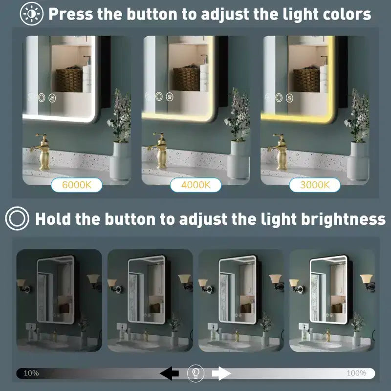 Mobiletto a specchio da bagno illuminato a LED, da incasso o da parete, anti-appannamento, dimmerabile, 3 modalità di illuminazione, funzione memoria