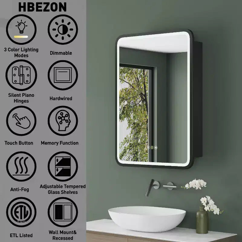 Mobiletto a specchio da bagno illuminato a LED, da incasso o da parete, anti-appannamento, dimmerabile, 3 modalità di illuminazione, funzione memoria